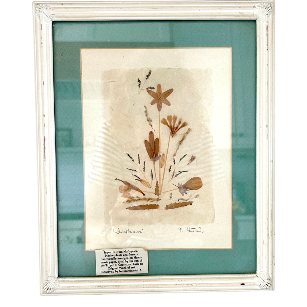 Vuteria 1991 Madagascar Pressed Wildflowers Art Handmade Paper Framed 10x12